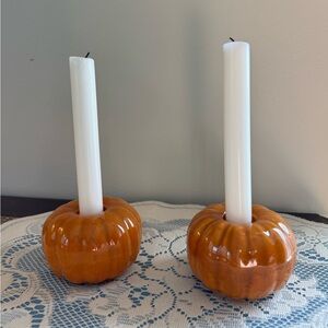 Pair of Orange Ceramic Pumpkin Candle Holders